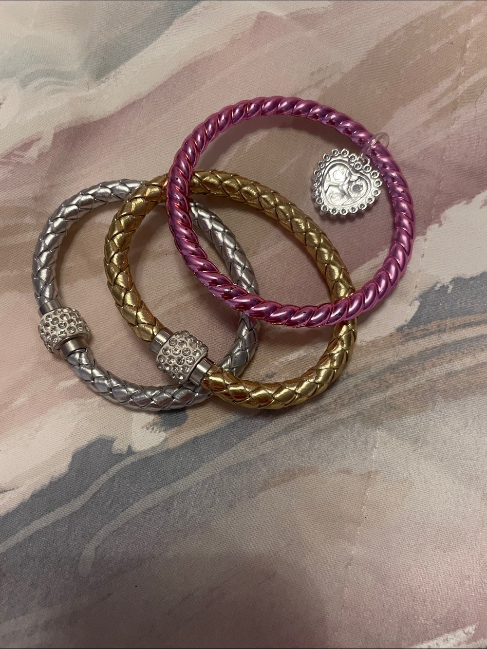 Girls Pink, Gold & Silver Twisted Bracelet Trio with Heart Charm